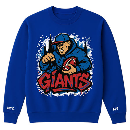 Blue sweatshirt with 'Giants' graphic design on a white background