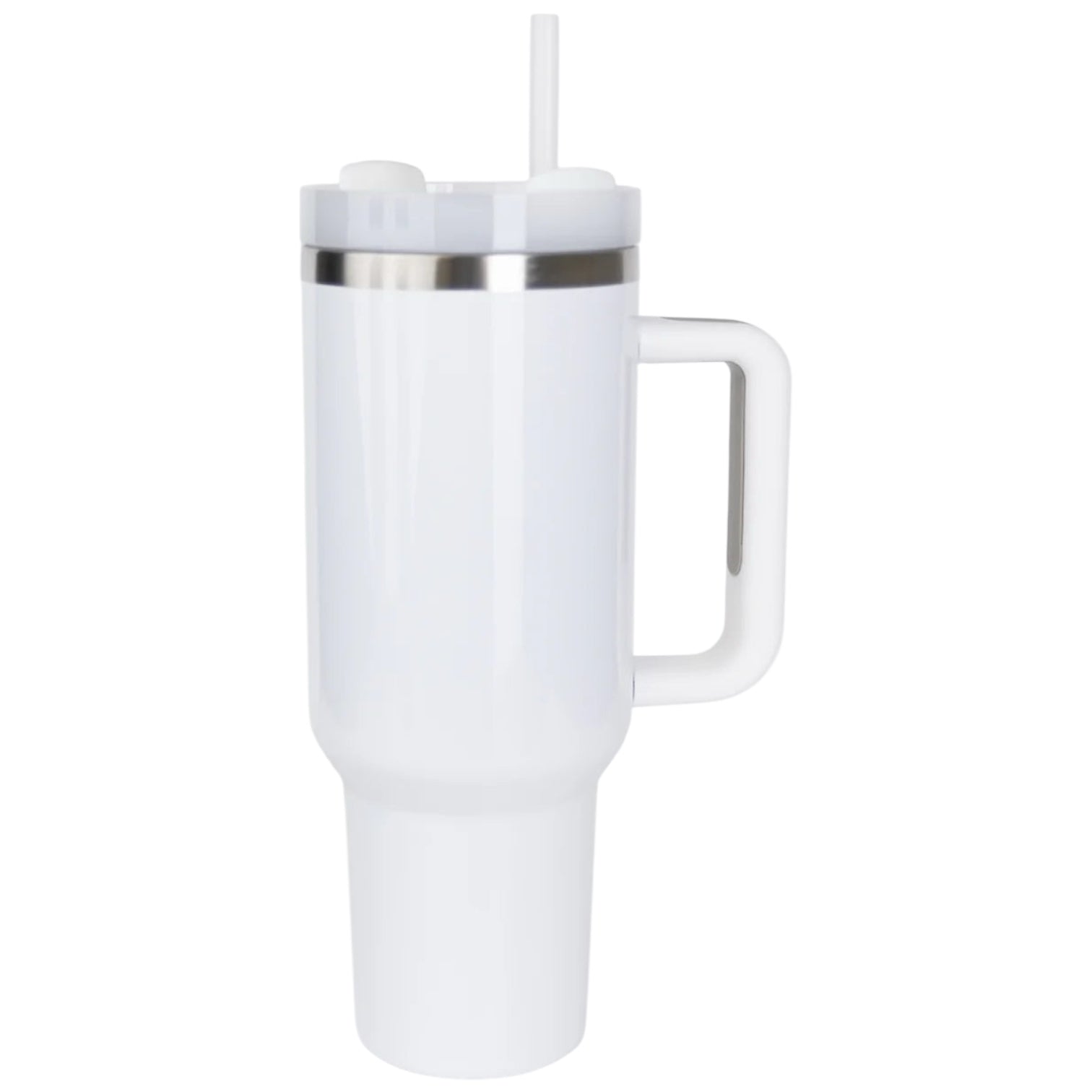 White insulated mug/tumbler with handle and straw on a white background