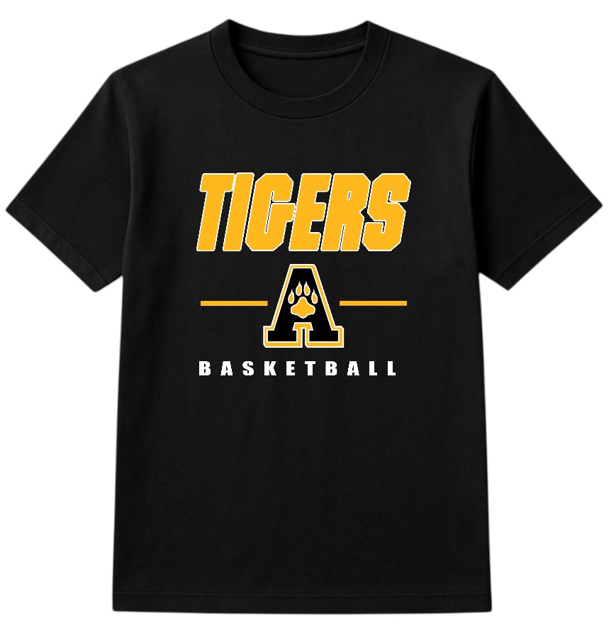 Black t-shirt with 'Tigers Basketball' text and logo on a white background