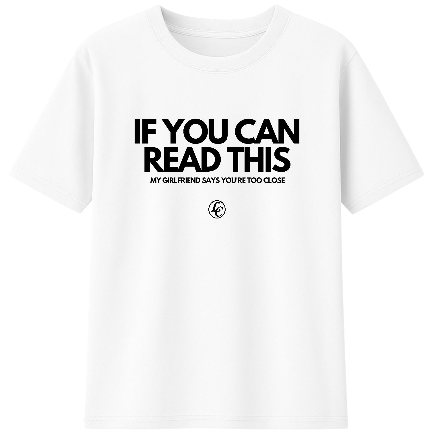 White t-shirt with black text and logo on a white background