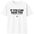 White t-shirt with black text and logo on a white background