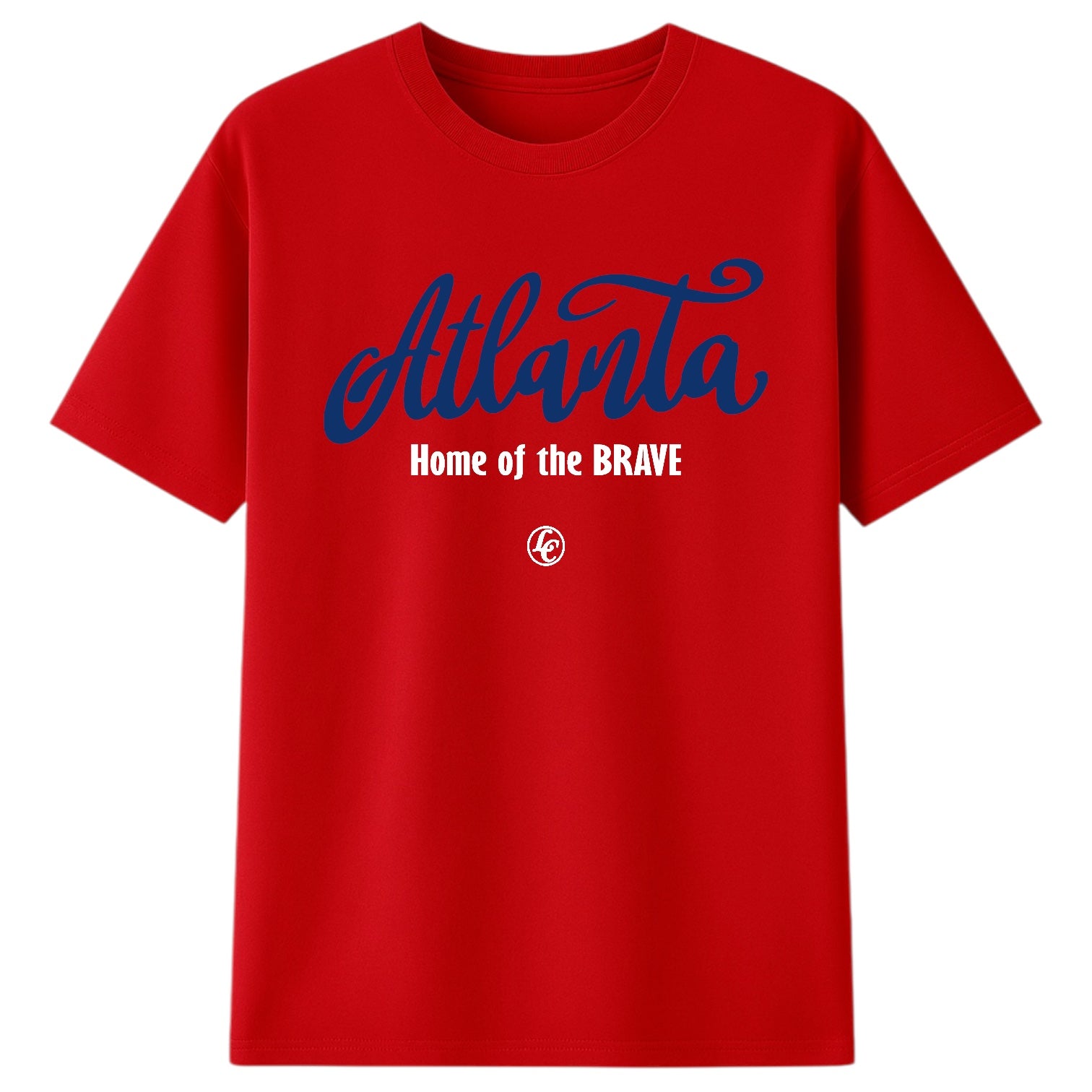 Red t-shirt with 'Atlanta Home of the Brave' text on a white background
