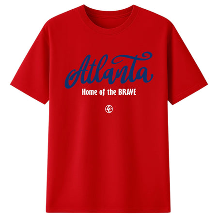 Red t-shirt with 'Atlanta Home of the Brave' text on a white background