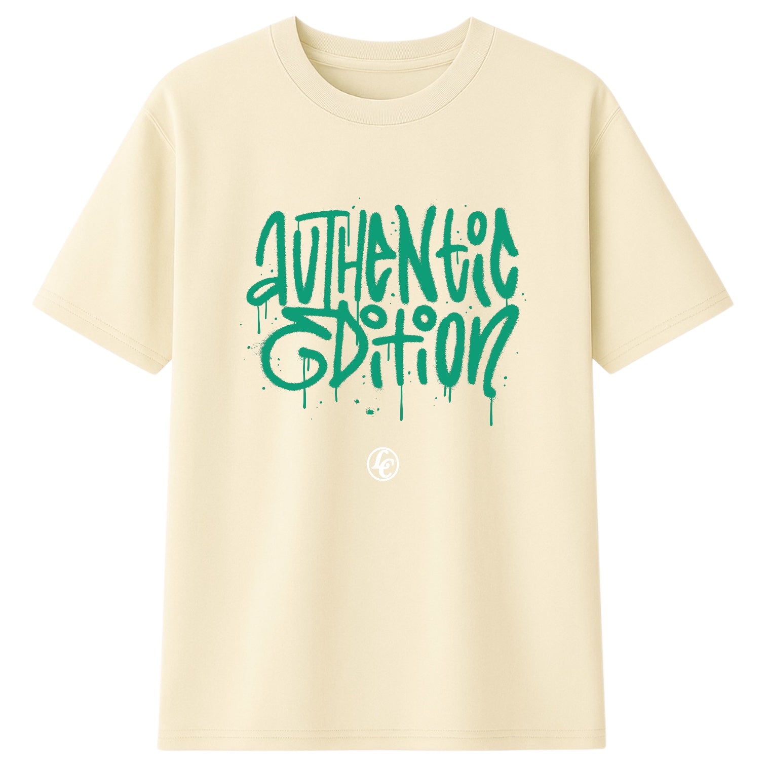 Beige t-shirt with green 'Authentic Edition' text on a white background