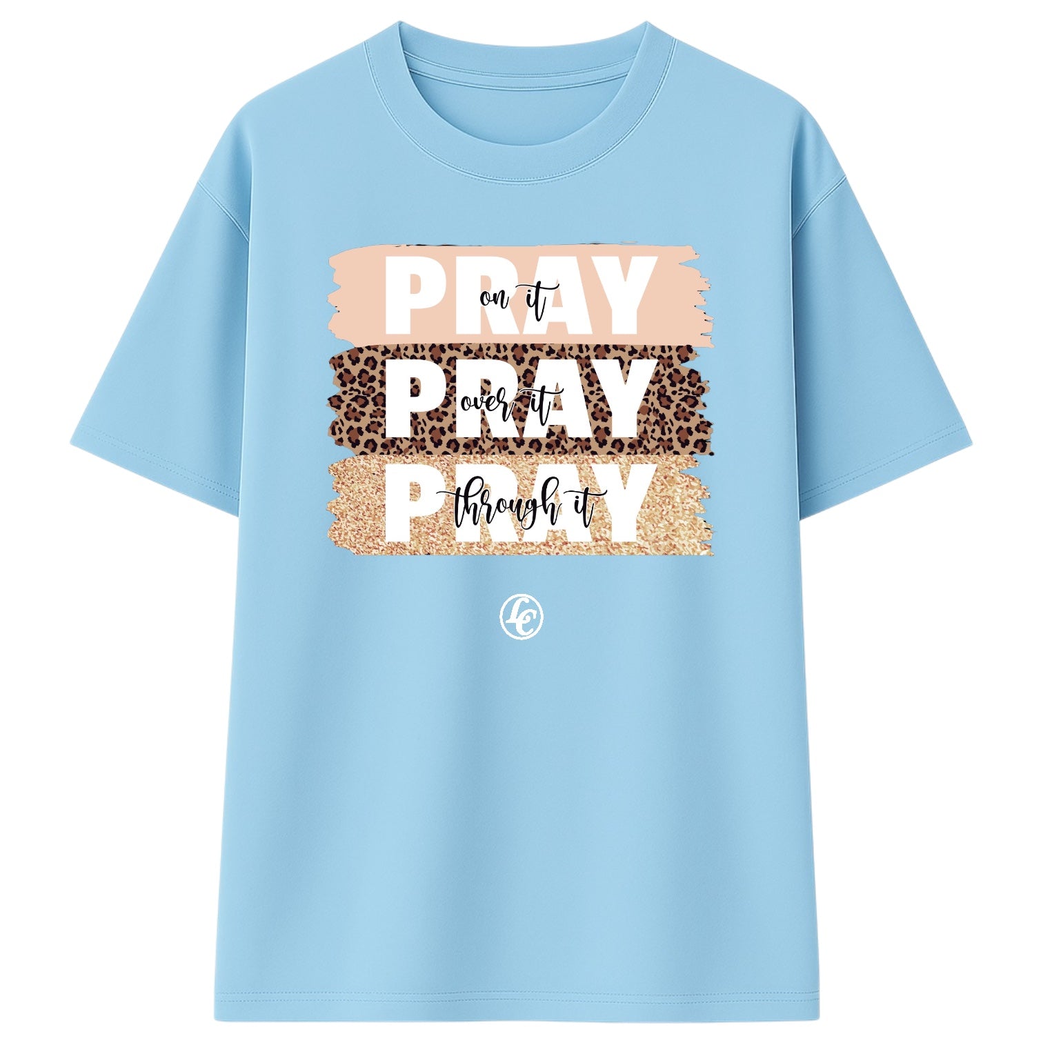 Light blue t-shirt with 'PRAY' text design on a white background