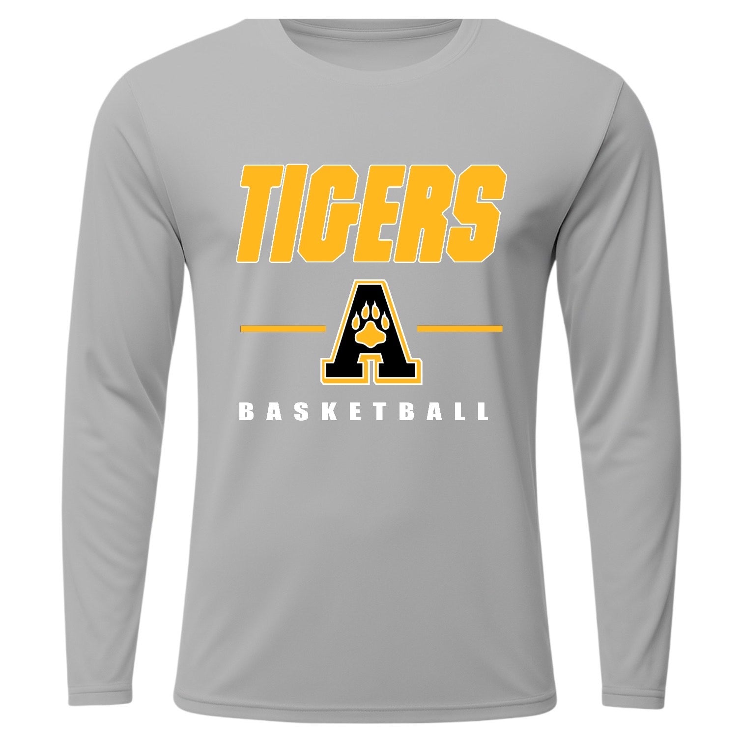 Gray long-sleeve shirt with 'Tigers Basketball' text and logo on a white background