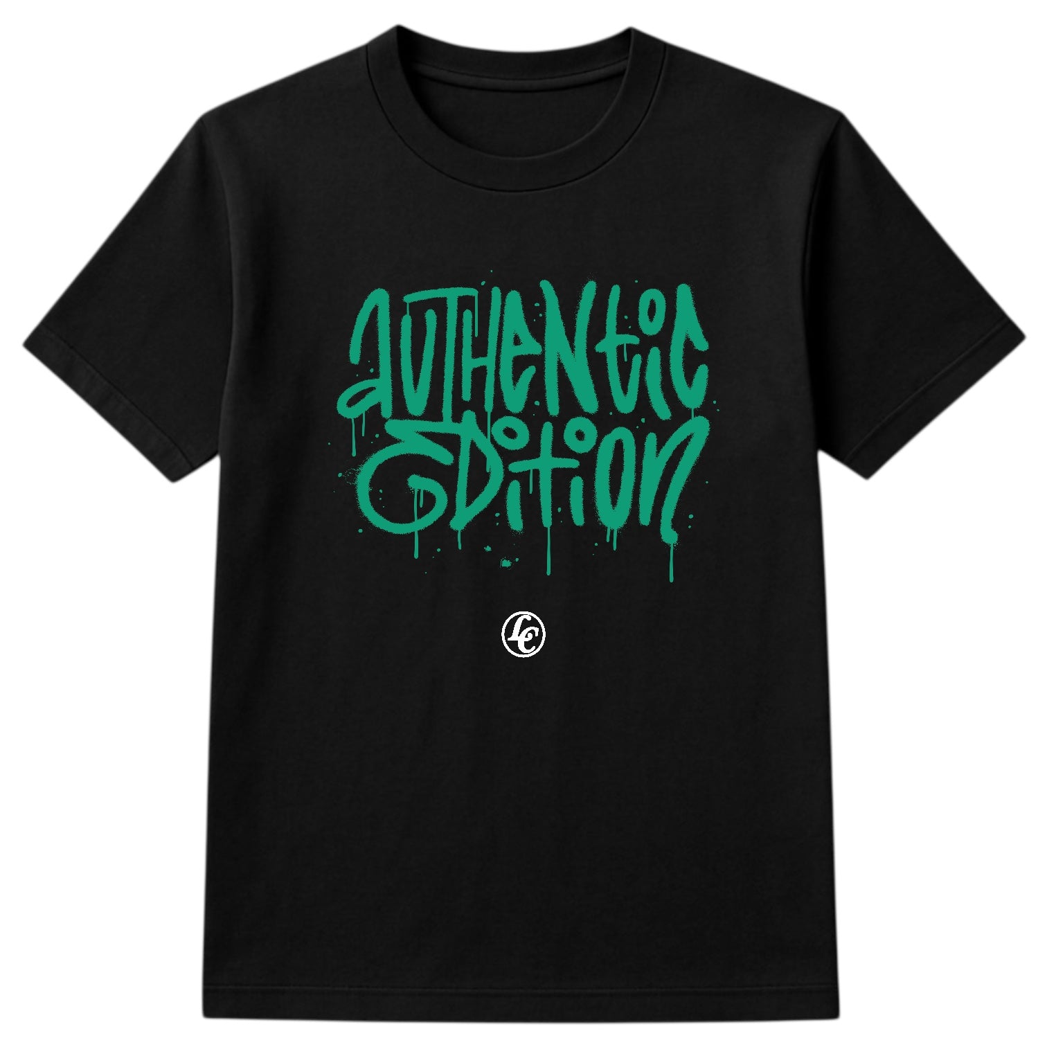 Black t-shirt with green 'Authentic Edition' text on a white background