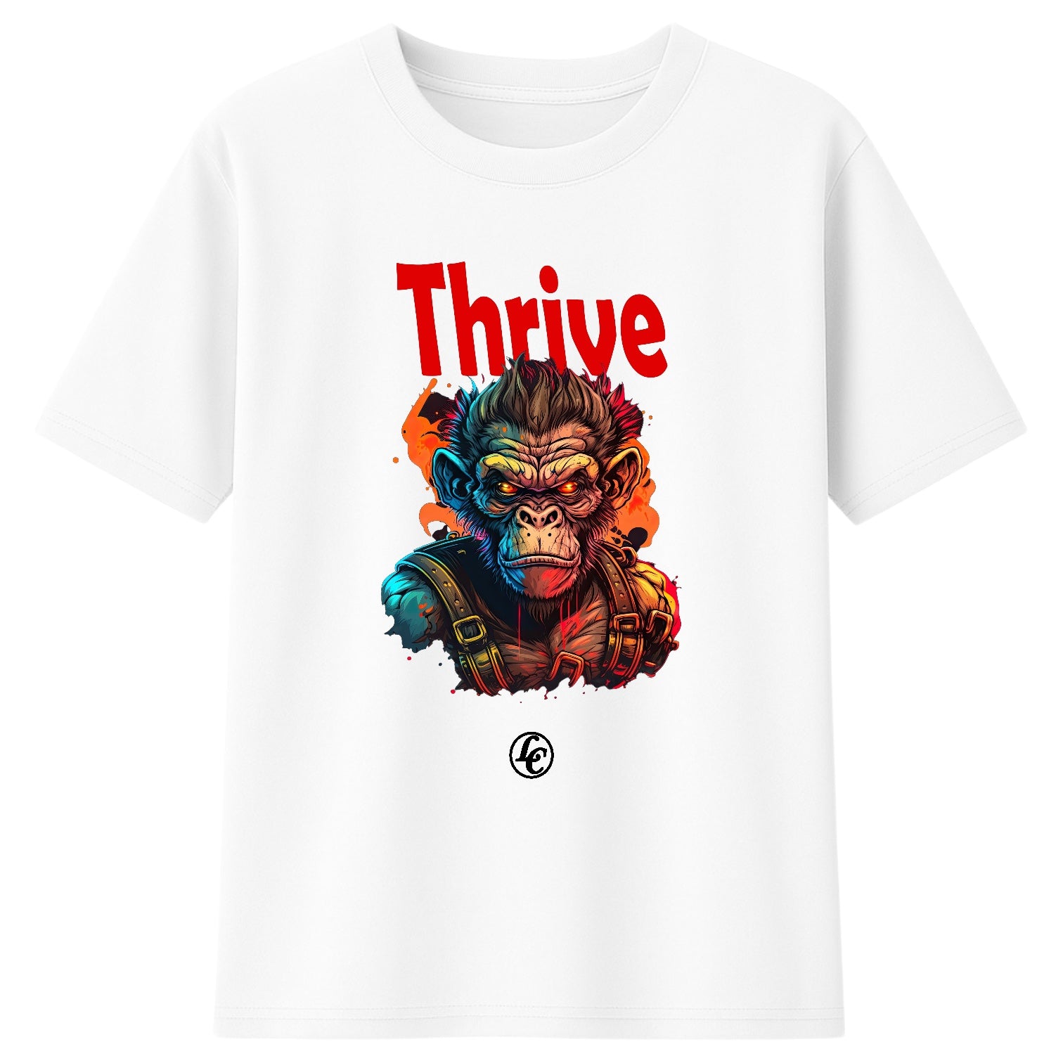 White t-shirt with a colorful monkey graphic and 'Thrive' text on a white background