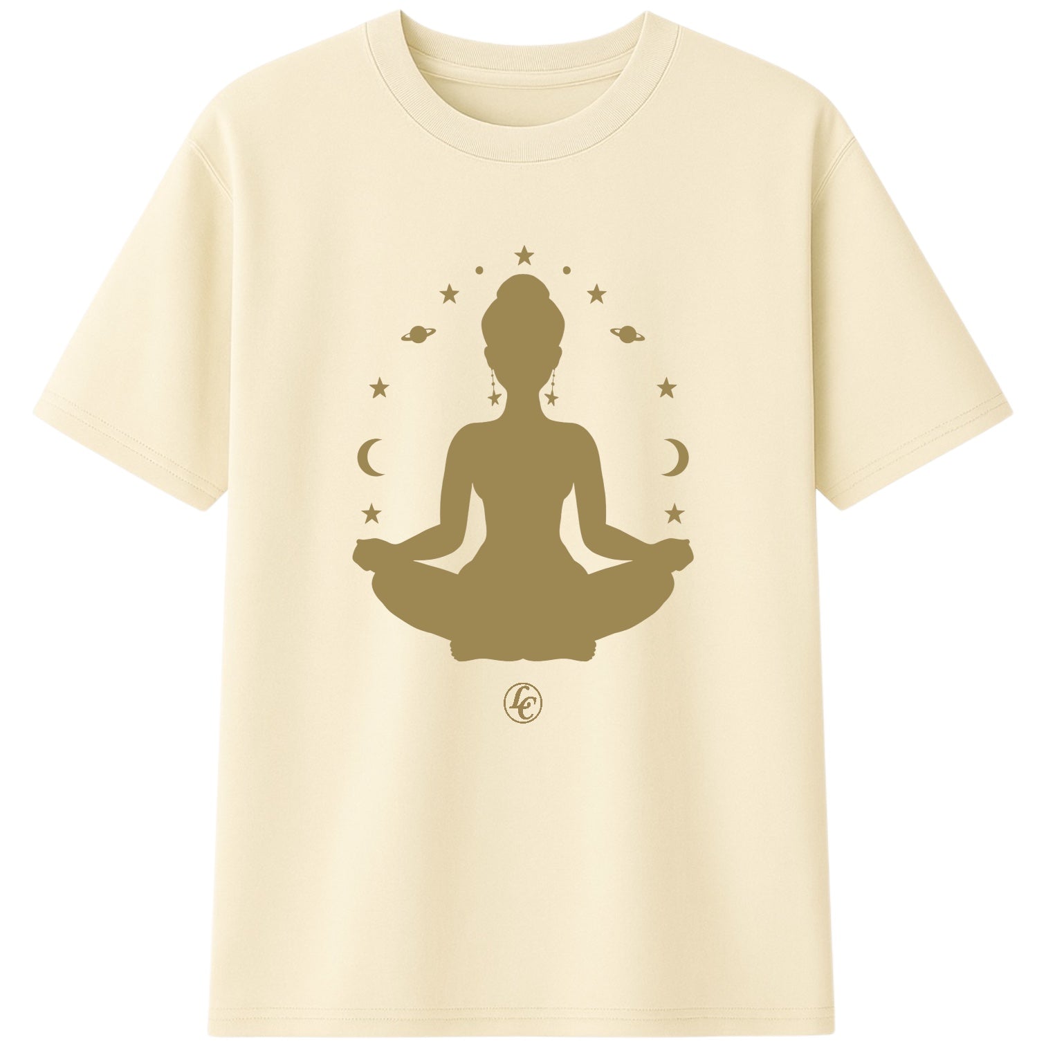 Beige t-shirt with a meditating figure design on a white background
