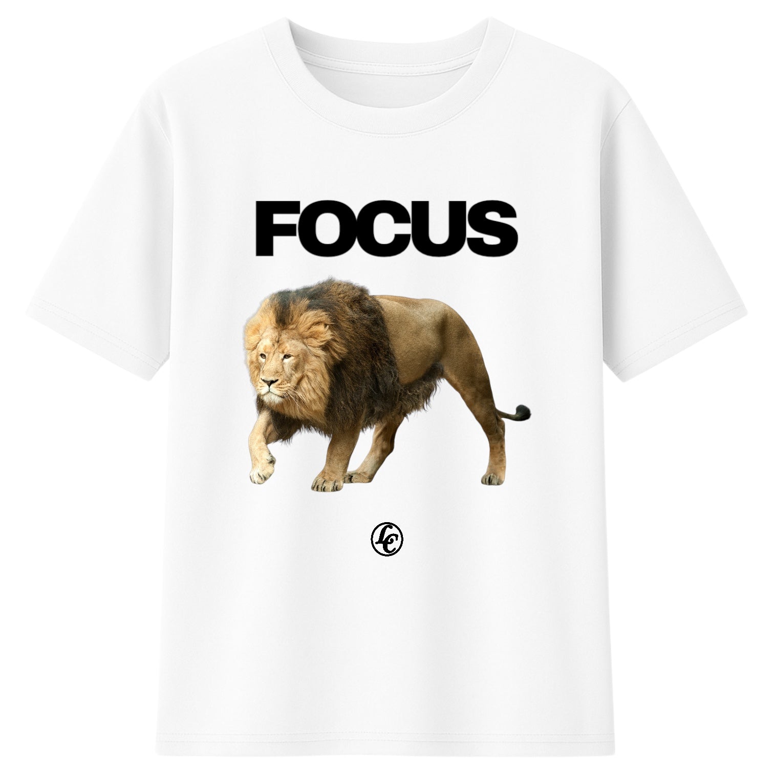 White t-shirt with a lion graphic and 'FOCUS' text on a white background