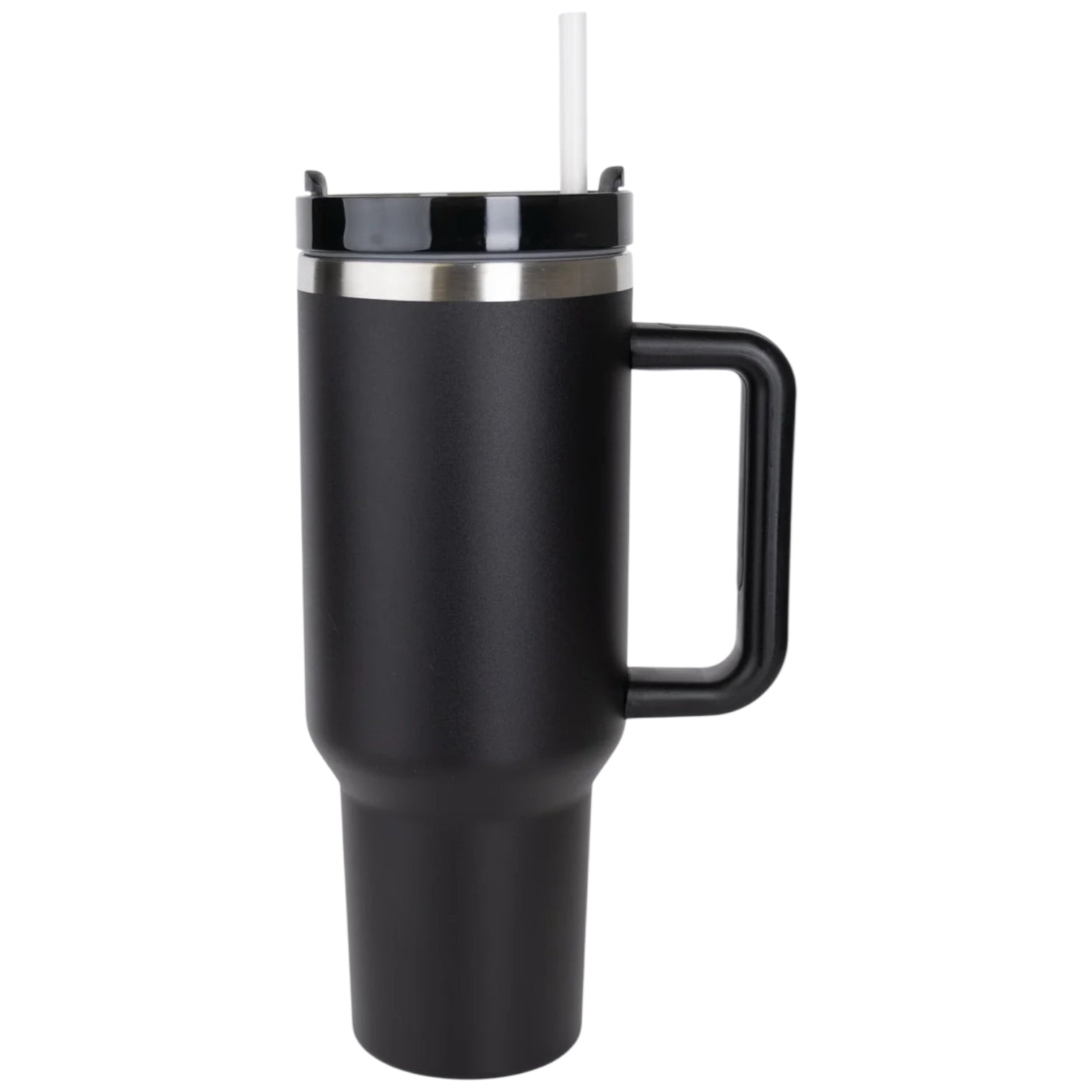 Black insulated travel mug/tumbler with handle on a white background