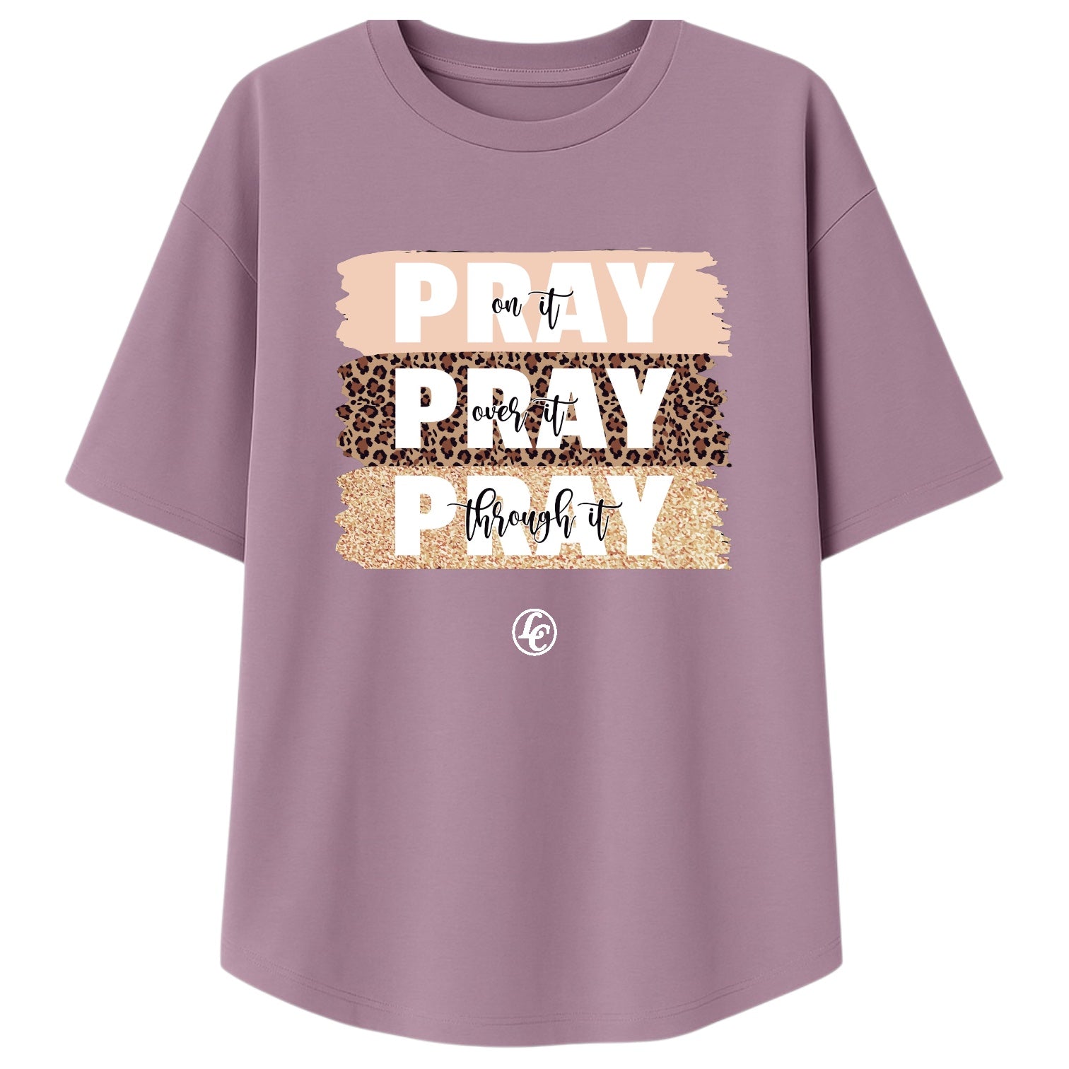 Purple t-shirt with 'PRAY' text design on a white background