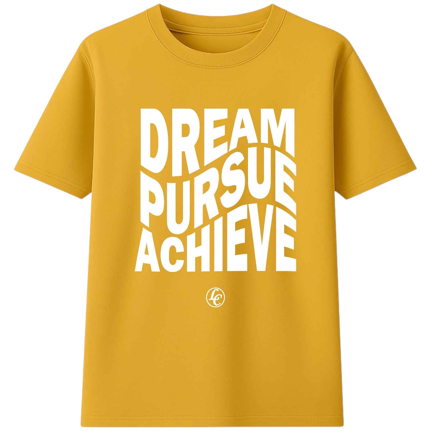Yellow t-shirt with 'Dream Pursue Achieve' text on a white background
