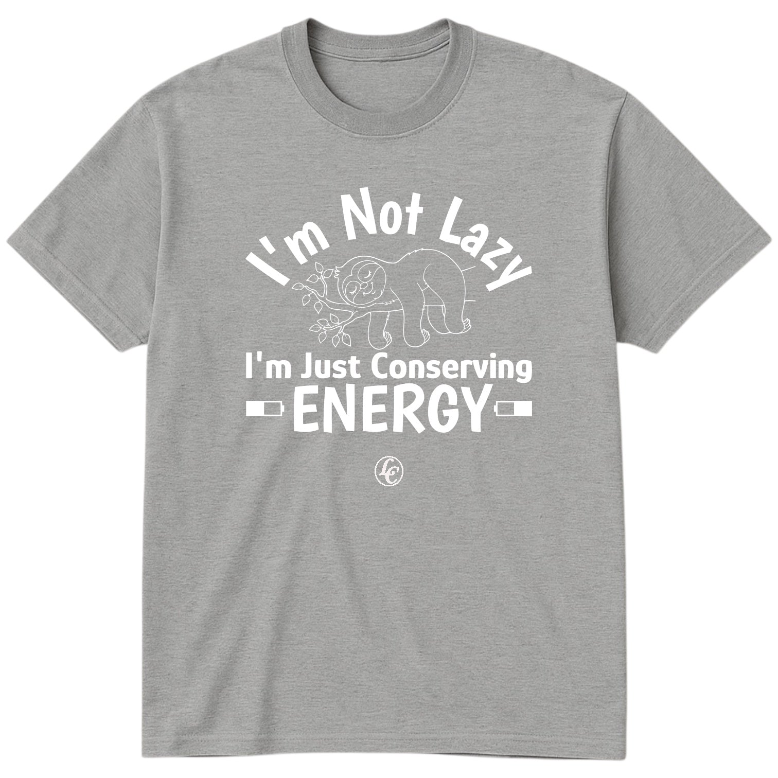 Gray t-shirt with white text and graphic on a white background