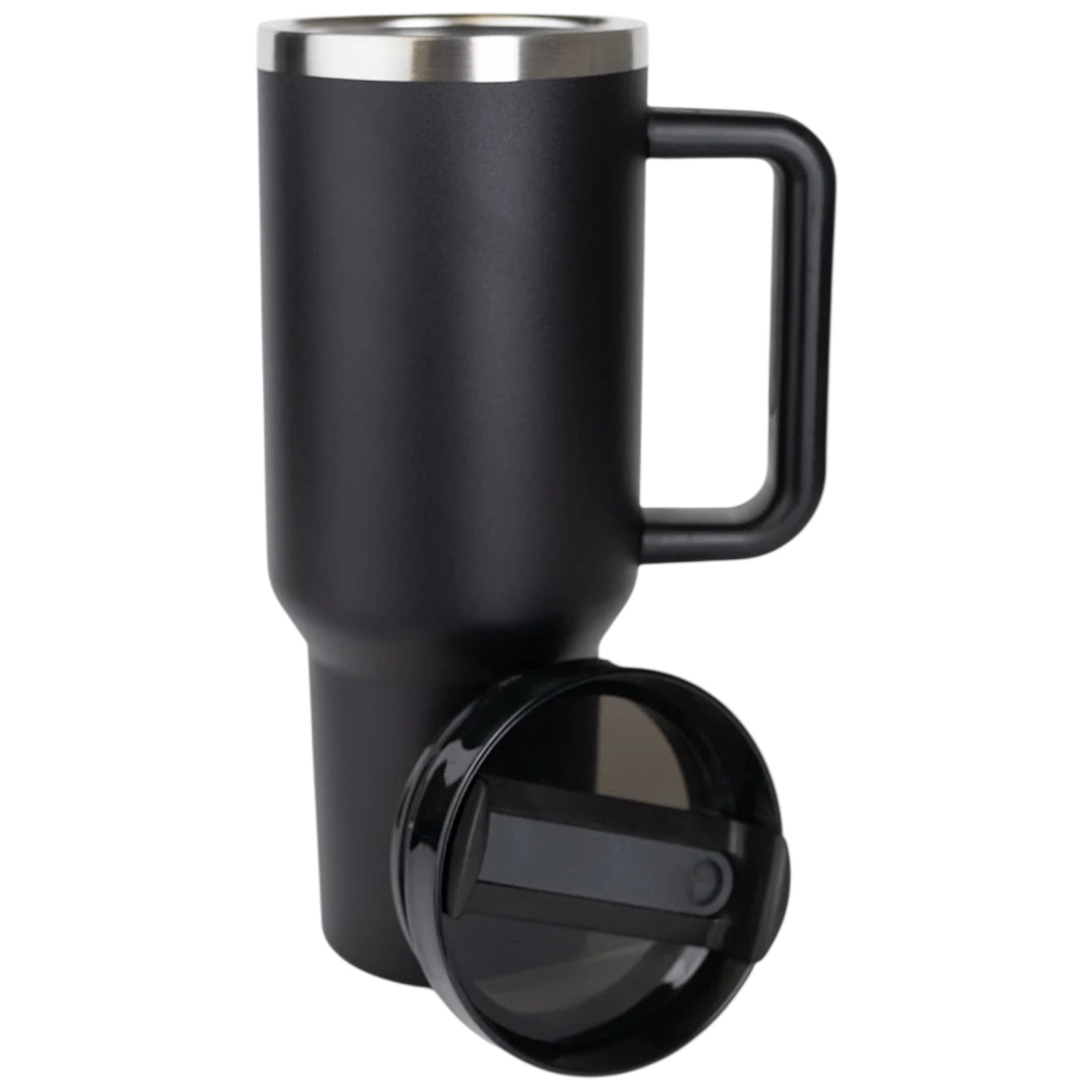 Black travel mug/tumbler with a handle on a white background