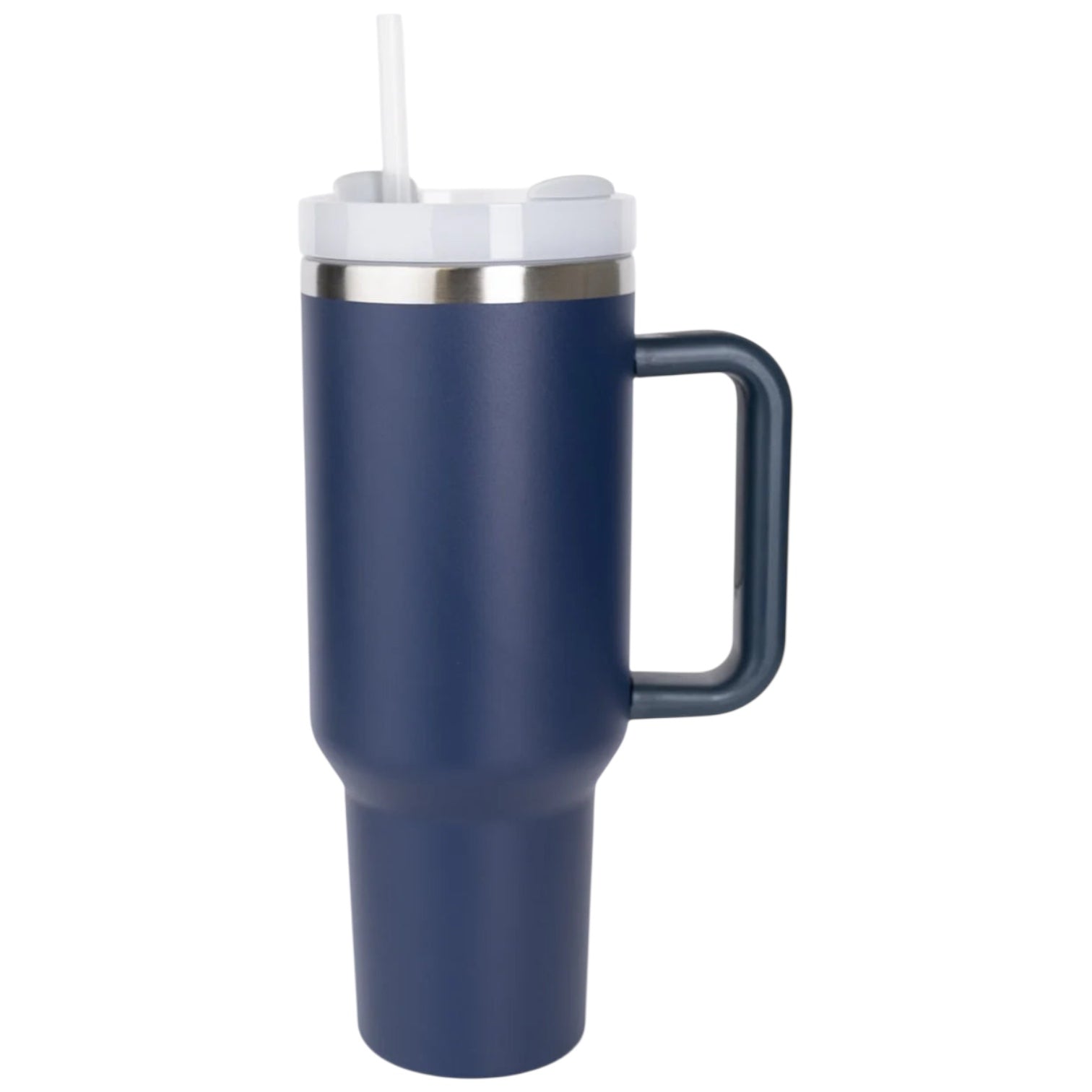 Navy blue insulated mug/tumbler with handle on a white background