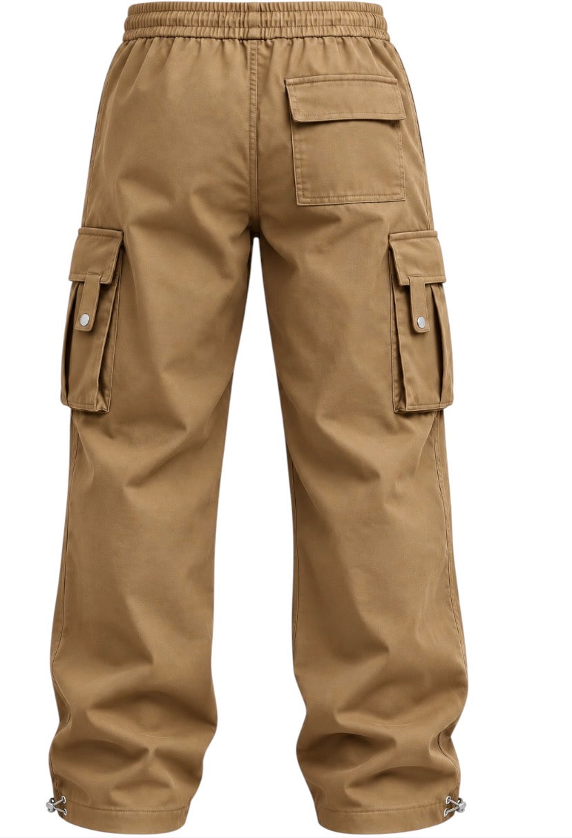 A pair of khaki cargo pants shown from the back, featuring an elastic waistband, a large back flap pocket, and two side cargo pockets with snap buttons on the legs.