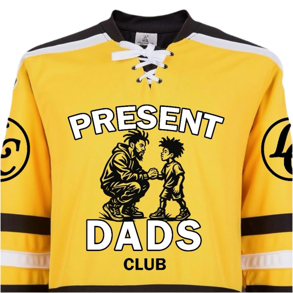 Yellow hockey jersey with graphic design and text on a white background