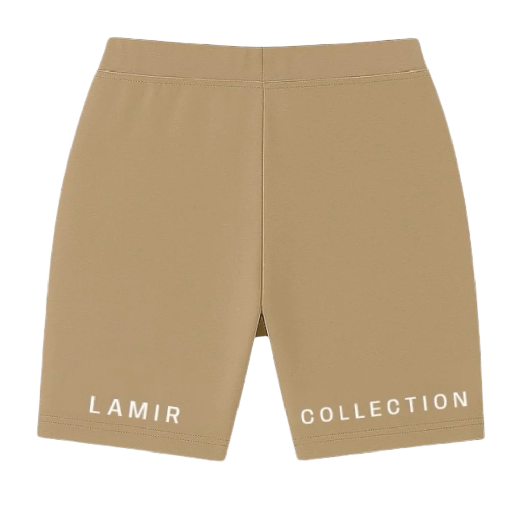 Khaki shorts with 'LAMIR COLLECTION' text on a beige background