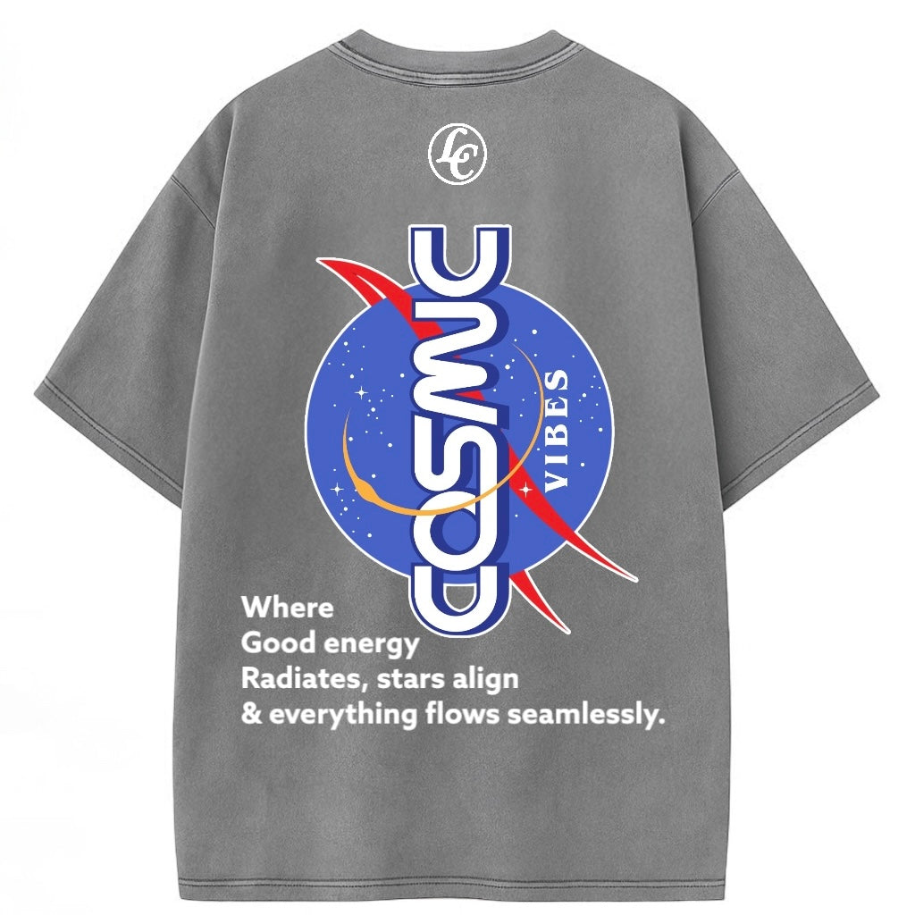 Gray t-shirt with a cosmic design and text on the back, featuring a logo on the chest.