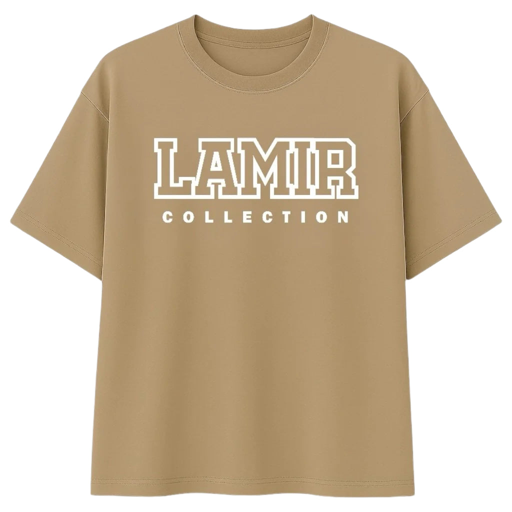 Beige t-shirt with 'LAMIR COLLECTION' text on a beige background