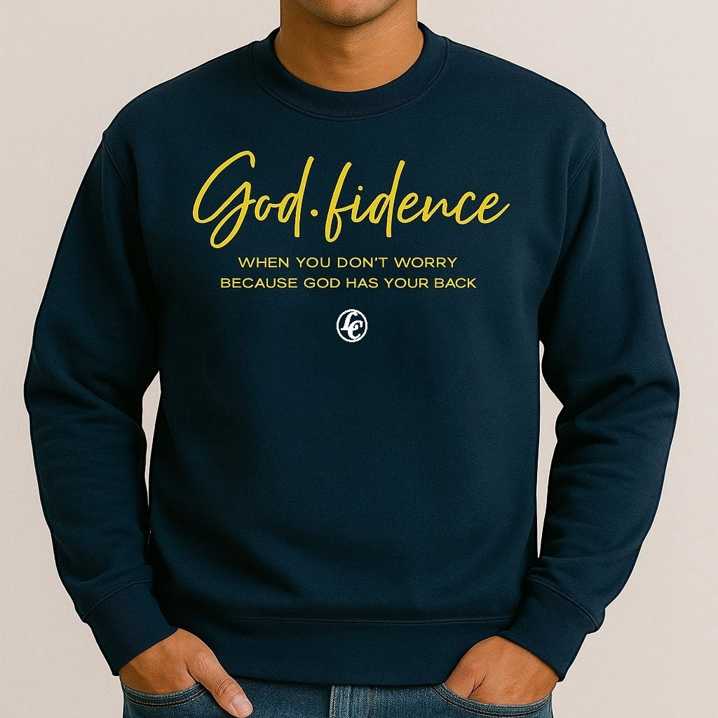 Navy blue sweatshirt with yellow text and a logo on a beige background