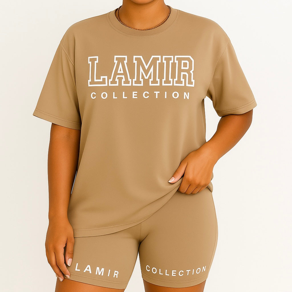 Person wearing a beige t-shirt and shorts with 'LAMIR COLLECTION' branding on a light background