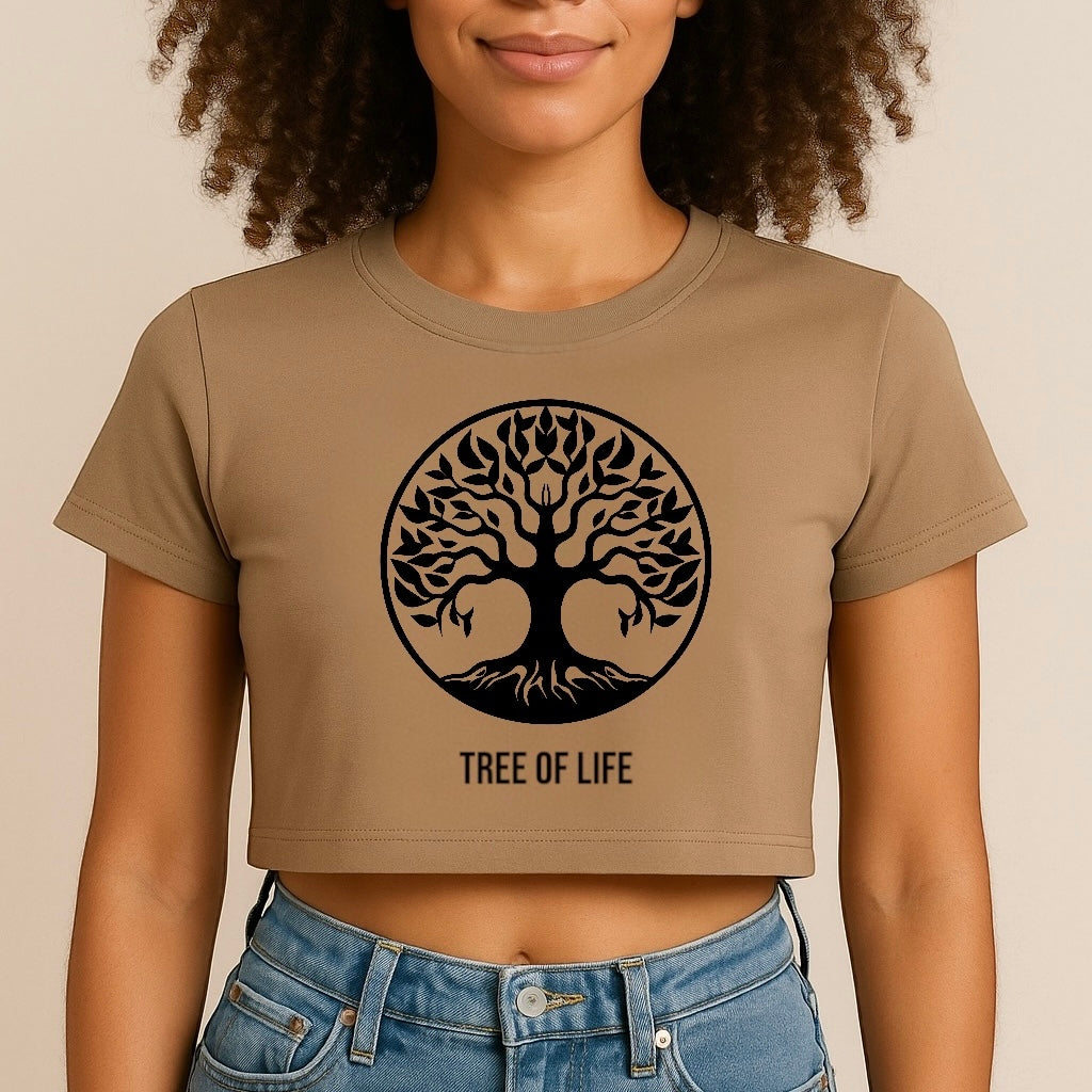 Person wearing a brown 'Tree of Life' t-shirt against a beige background