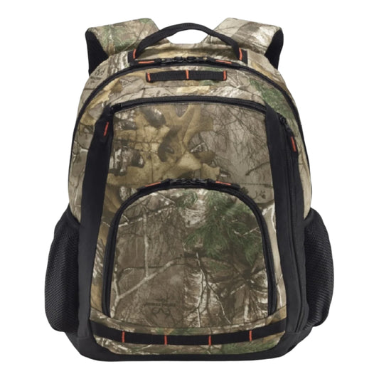 A camouflage patterned backpack with black straps and orange detailing.
