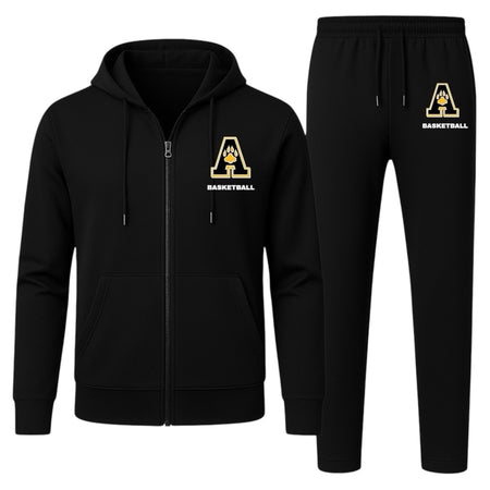 Black hoodie and pants set with basketball design on a white background