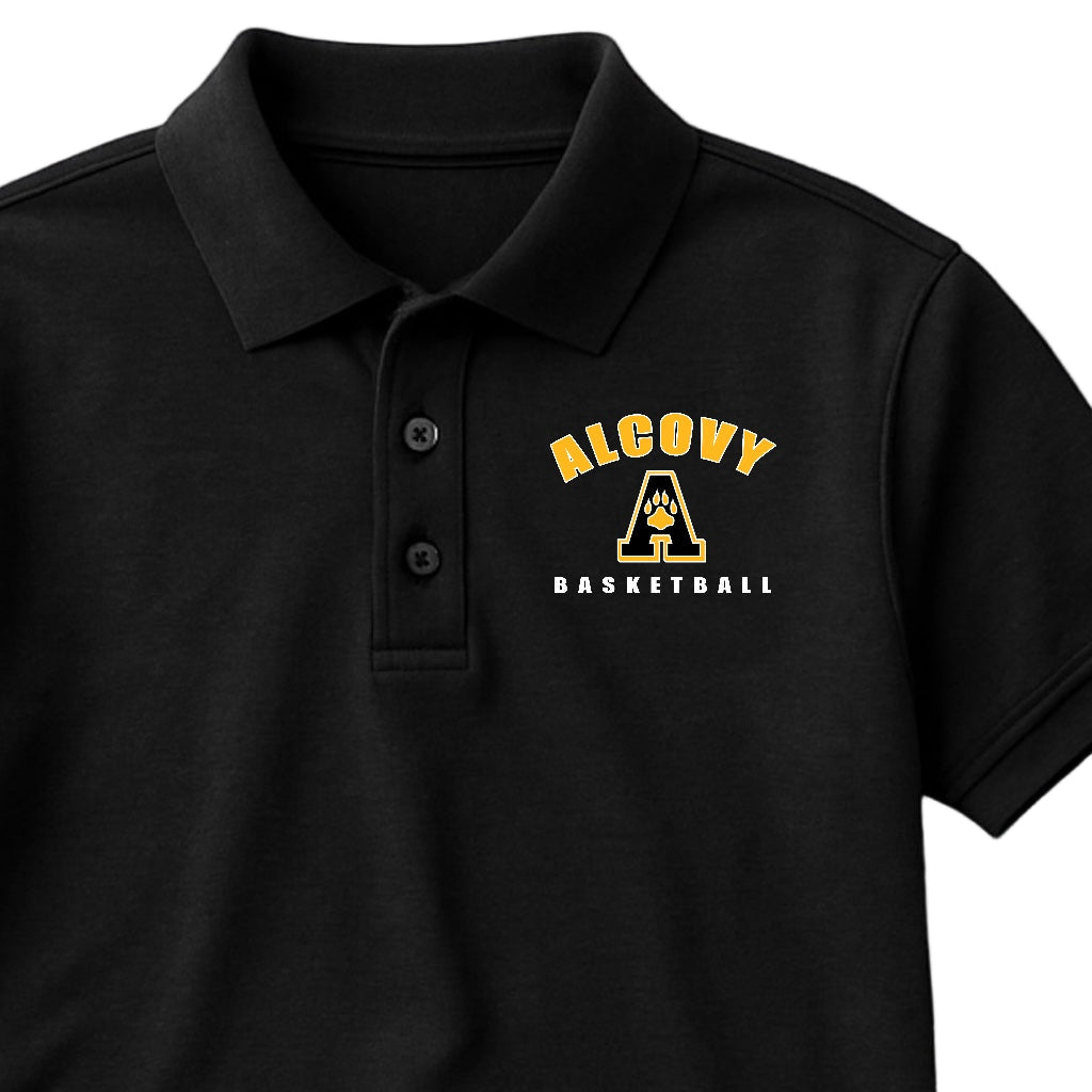 Black polo shirt with 'Alcovy Basketball' logo on a light gray background