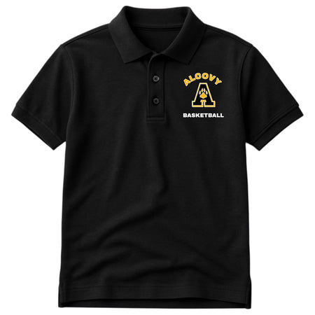 Black polo shirt with 'Alooyy Basketball' logo on a white background