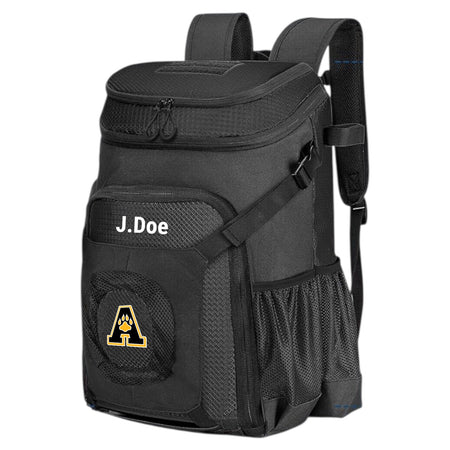 Black sports backpack with customization options and logo on a white background