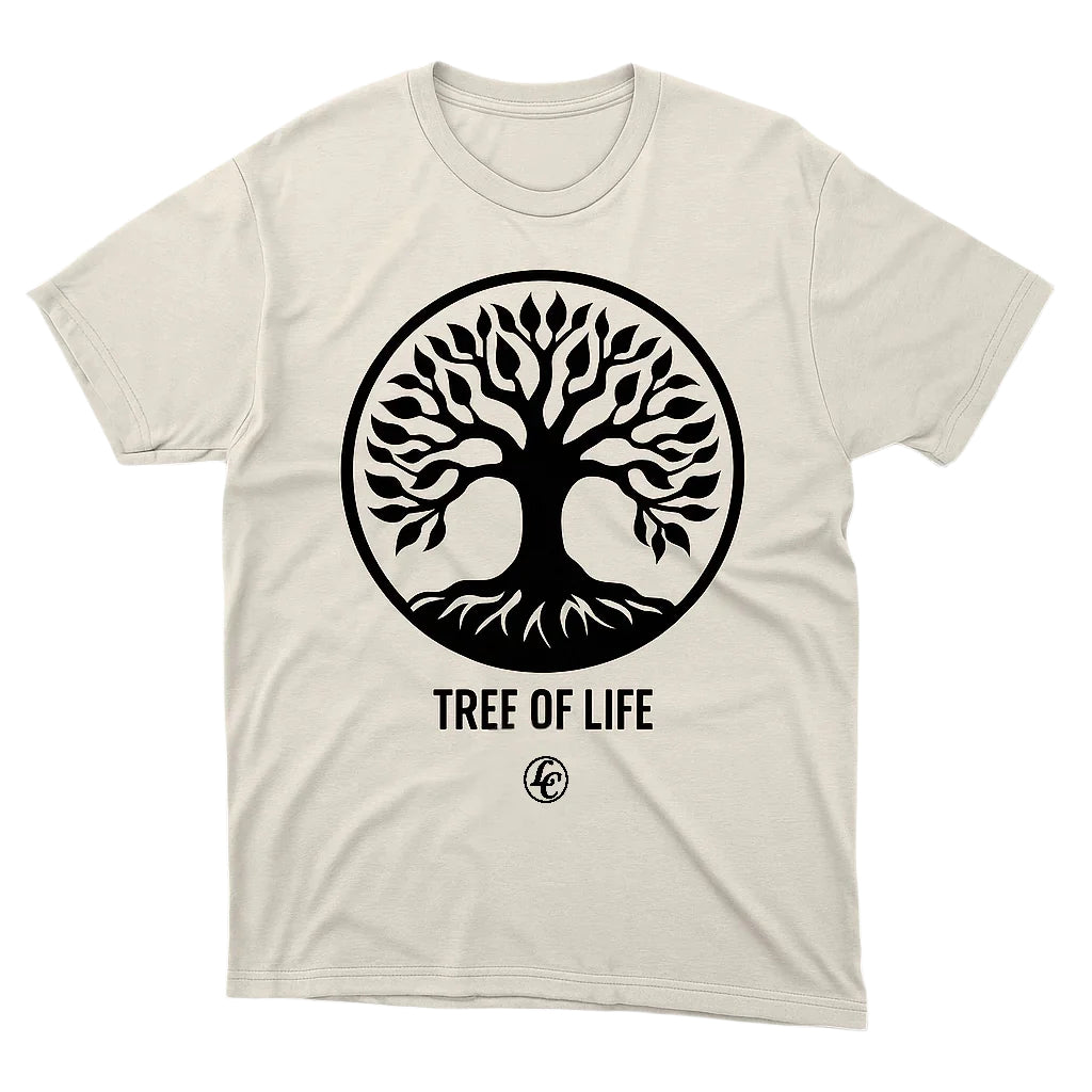 Beige t-shirt with a black 'Tree of Life' design on a white background