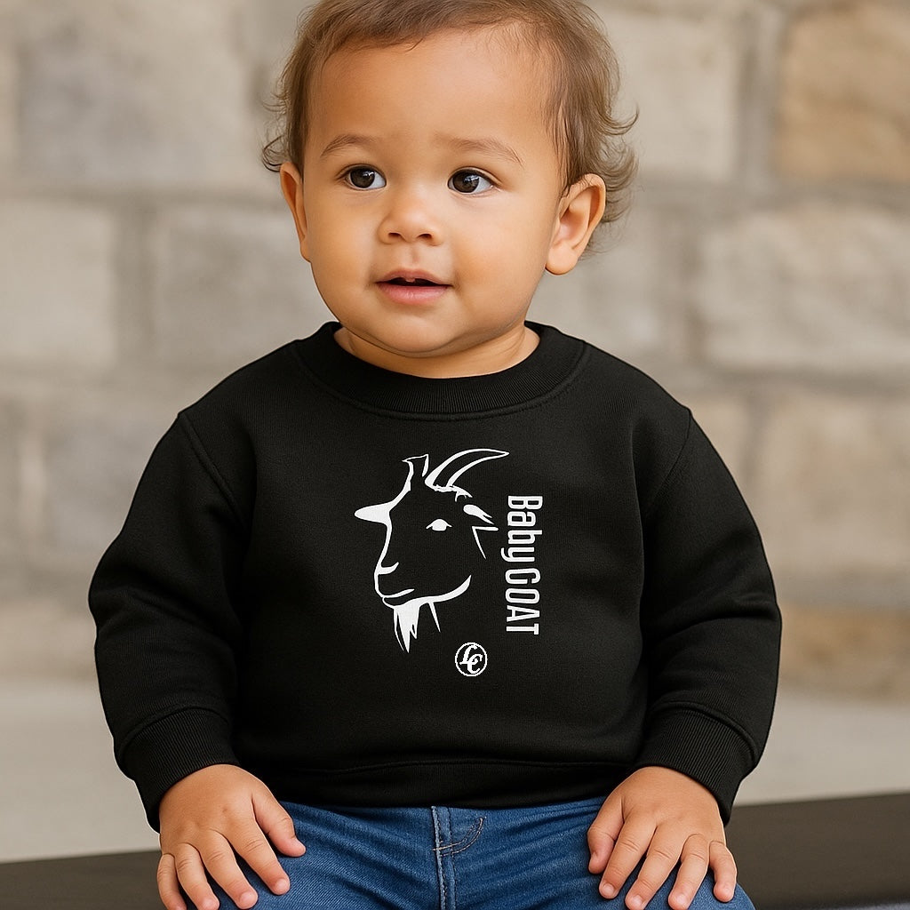 Child wearing a black sweatshirt with a goat graphic and 'Baby Goat' text.