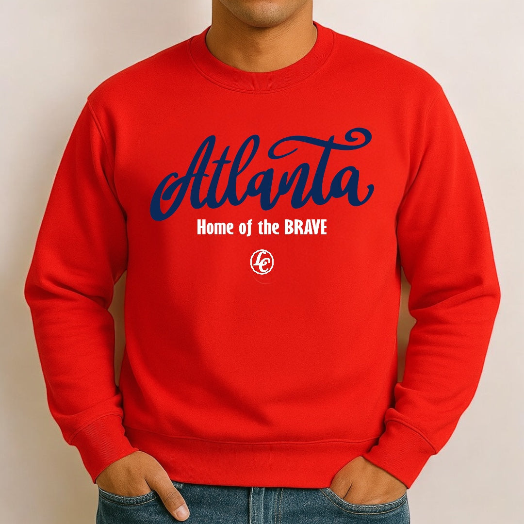 Red sweatshirt with 'Atlanta Home of the Brave' text on a plain background