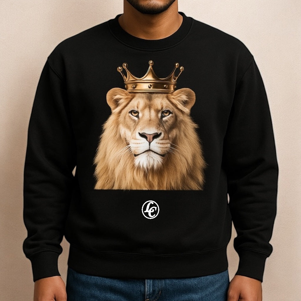 Black sweatshirt with a lion wearing a crown design on a beige background