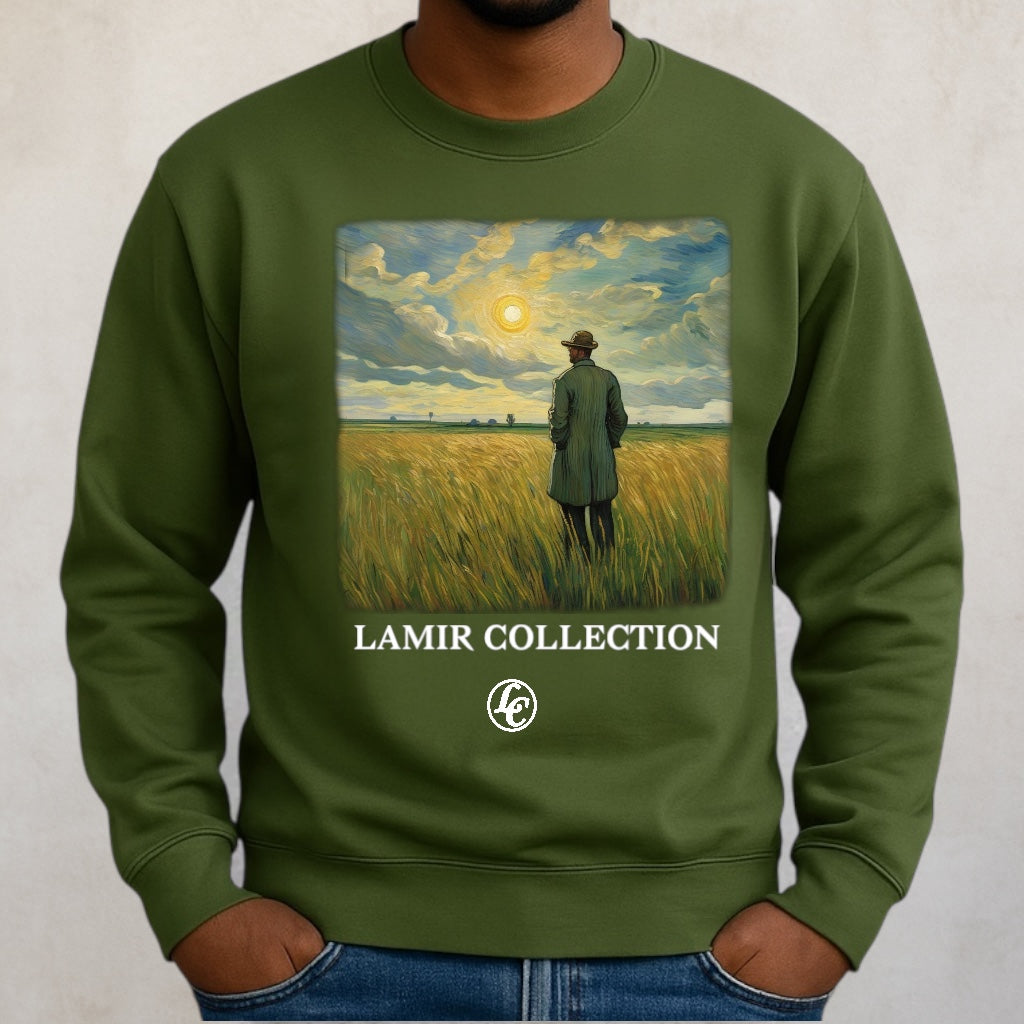 Green sweatshirt with a printed design of a person in a field and 'LAMIR COLLECTION' text on a plain background