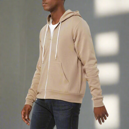 Beige Premium Zip-Up Hooded Basic Fleece Jacket (matches Premium Basic Joggers) - motivational streetwear apparel by Lamir Collection