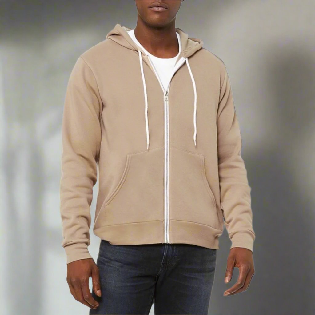 Beige Premium Zip-Up Hooded Basic Fleece Jacket (matches Premium Basic Joggers) - motivational streetwear apparel by Lamir Collection