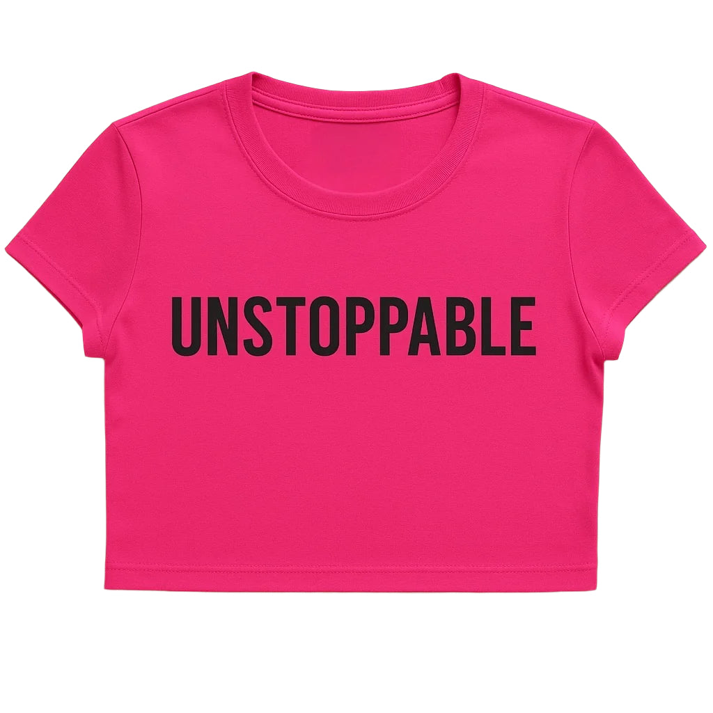Pink t-shirt with 'UNSTOPPABLE' text on a white background