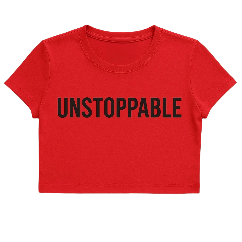 Red t-shirt with 'UNSTOPPABLE' text on a white background