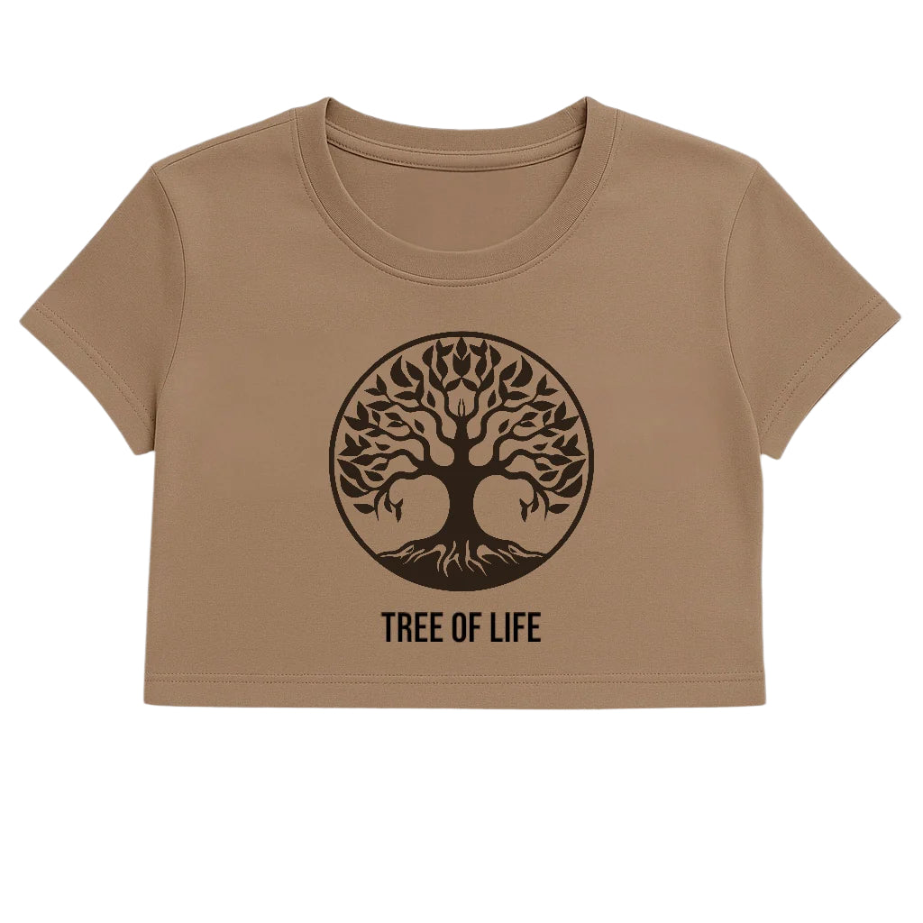 Brown t-shirt with 'Tree of Life' design on a white background