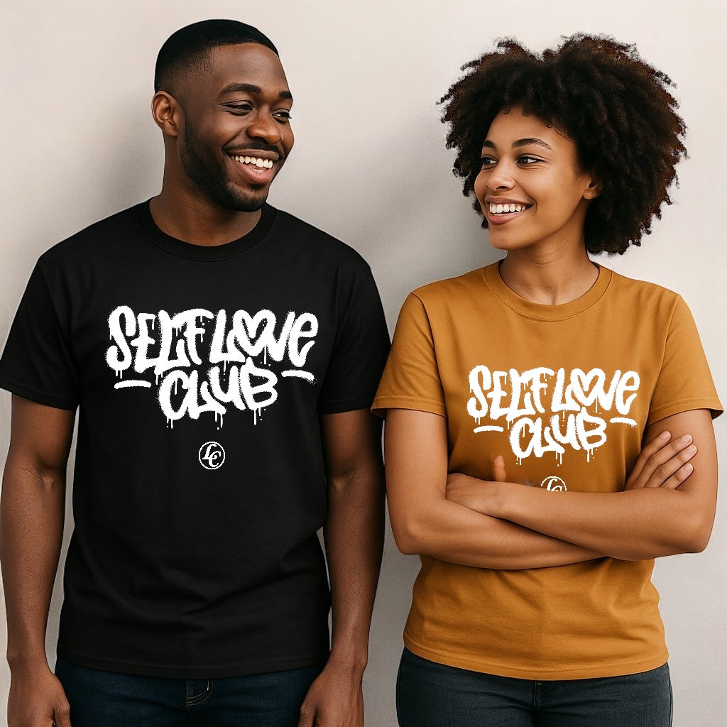 Two people wearing 'Self Love Club' t-shirts against a plain background
