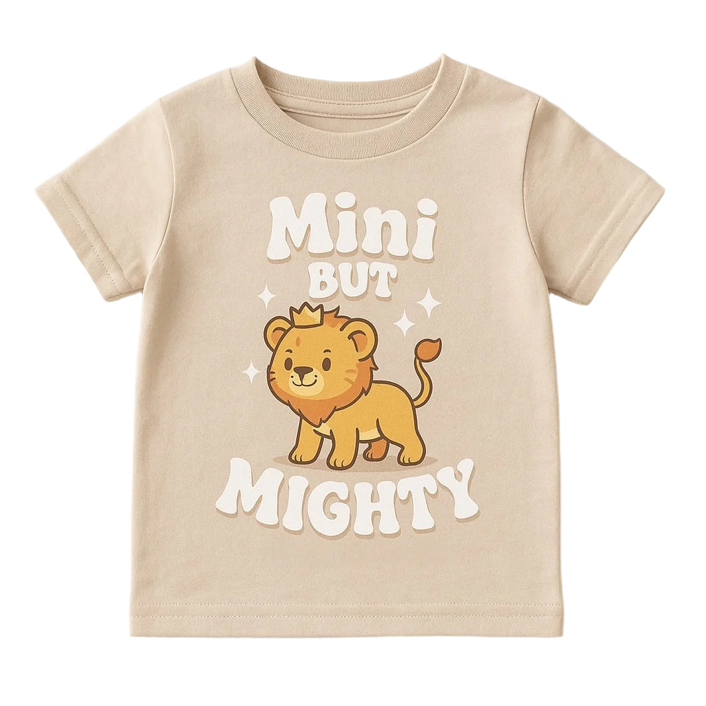 Beige t-shirt with a lion graphic and text on a white background