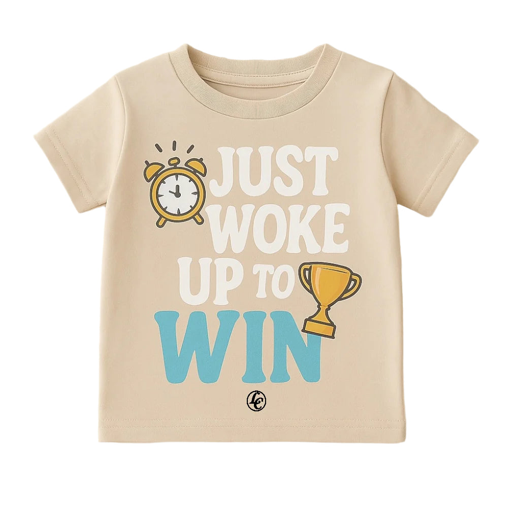 Beige t-shirt with motivational text and graphics on a white background