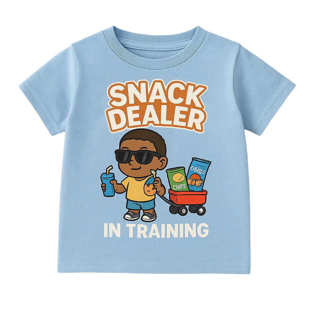 Children's t-shirt with 'Snack Dealer in Training' design on a light blue background