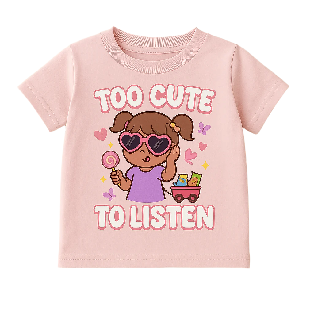 Pink children's t-shirt with a graphic of a girl holding a lollipop and text 'Too Cute To Listen' on a beige background.