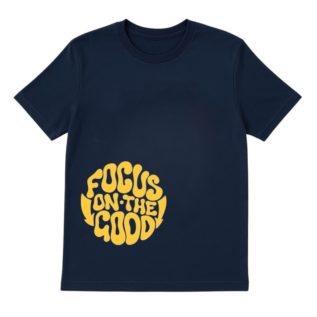 Navy blue t-shirt with yellow 'Focus on the Good' text on a white background