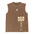 Brown sleeveless shirt with skeleton holding a sign on a white background